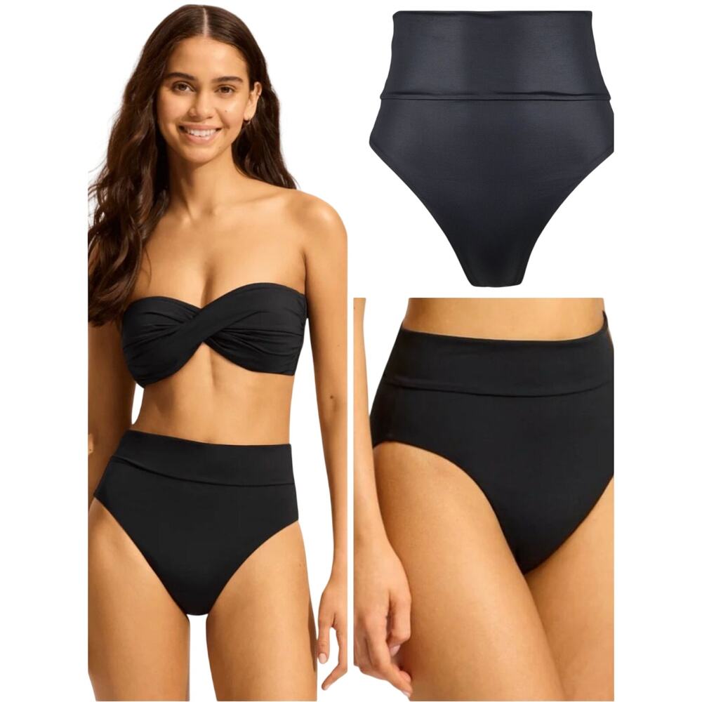 NWT Seafolly Roll Top High Waisted Bikini Bottom Black Wet Look Faux Leather 8